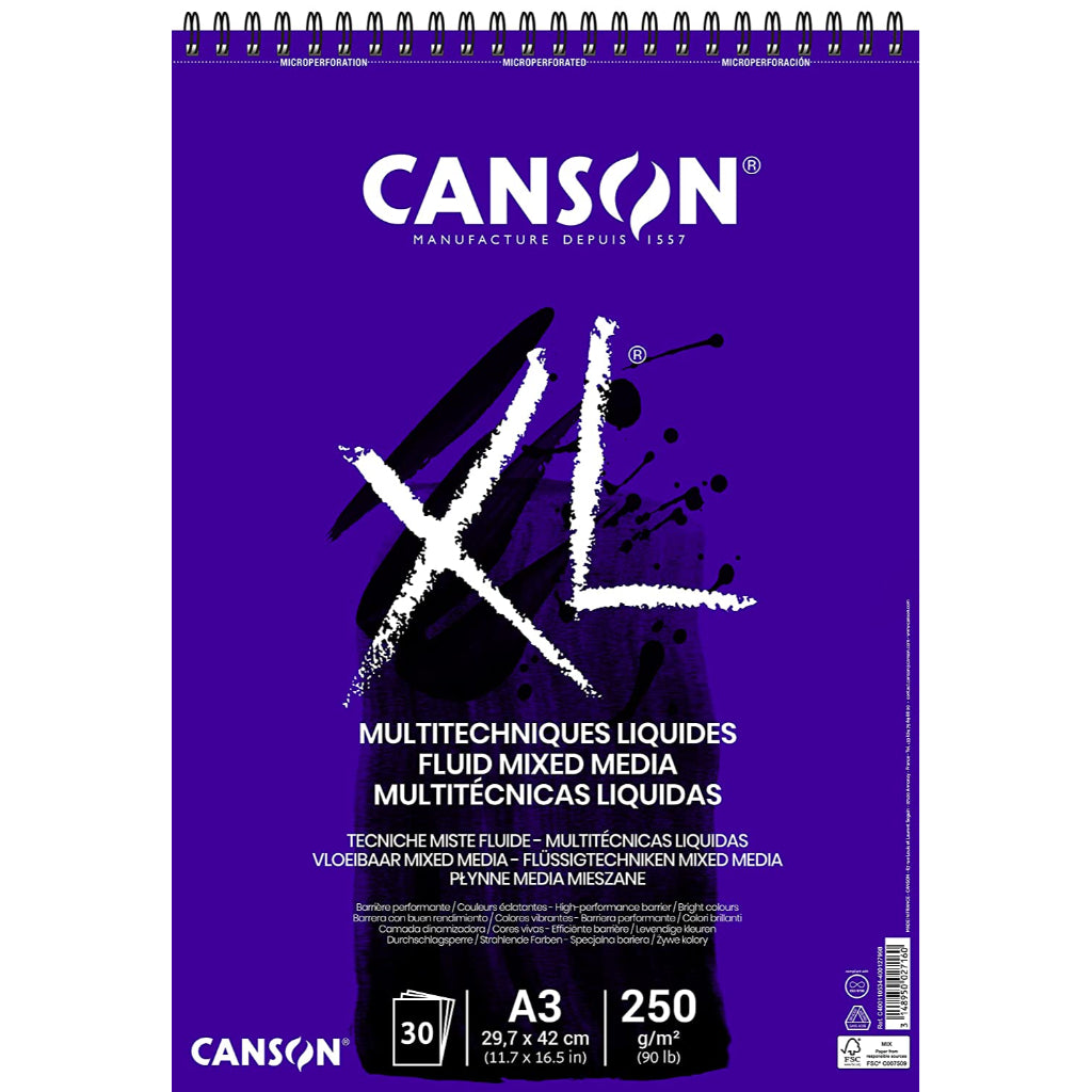 Canson Xl Mix-Media 300 Gsm Medium Grain A3 Paper Spiral Pad(White- 30 Sheets)