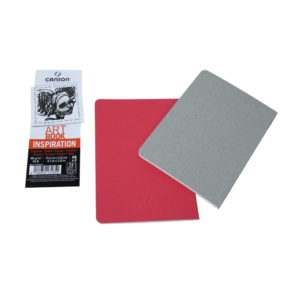 Canson Inspiration 96 Gsm Light Grain A6 Hardbound Books (Pack Of 2- Bright Red & Steel Grey- 24 Sheets)