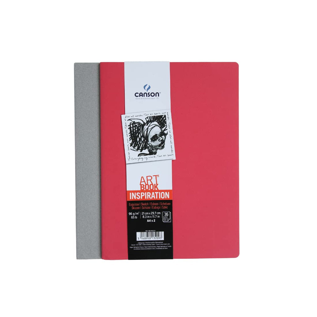 Canson Inspiration 96 Gsm Light Grain A4 Hardbound Books (Pack Of 2- Bright Red & Steel Grey- 36 Sheets)