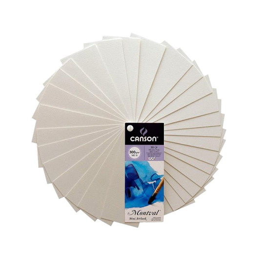 Canson Montval Watercolor 300 Gsm Cold Pressed 17.5 X 7 Cm Mini Art Book With 1 Watercolor Brush (White- 30 Sheets)