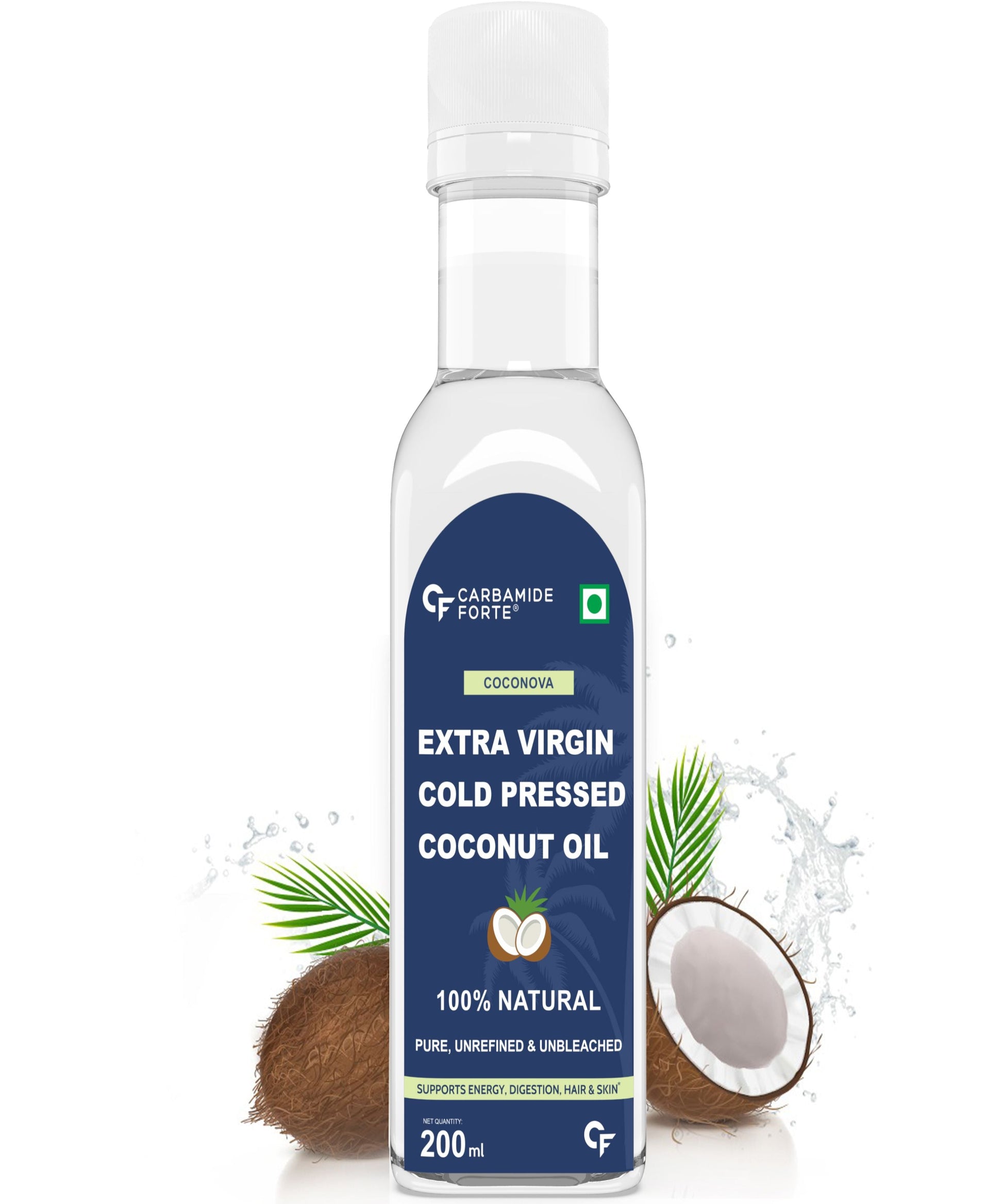 Carbamide Forte 100% Pure Extra Virgin Cold Pressed Coconut Oil for Skin, Hair Growth & Cooking 200ml