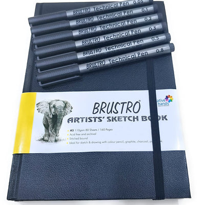 Brustro Artists Sketch Book Stitched Bound A5 Size, 160 Pages Acid Free & Technical Pen, 110 GSM (Pack of 6)