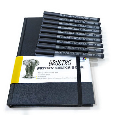 Brustro Artists Sketch Book Stitched Bound A5-110 GSM, 160 Pages Acid Free & Technical Pen Black Assorted Set of 9 Combo