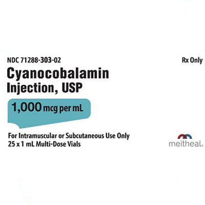Vitamin B12 Injection Cyanocobalamin Shot 1000 mcg Multiple Dose 1 mL Vials x 25/Tray (Rx)