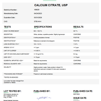 Calcium Citrate USP For Compounding (API) (Rx)