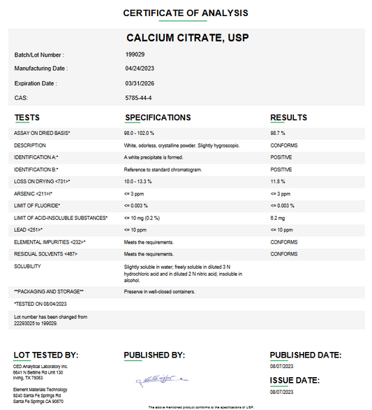 Calcium Citrate USP For Compounding (API) (Rx)