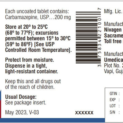 Carbamazepine 200mg Tablets 100 Count by Nivagen Pharmaceuticals (RX)