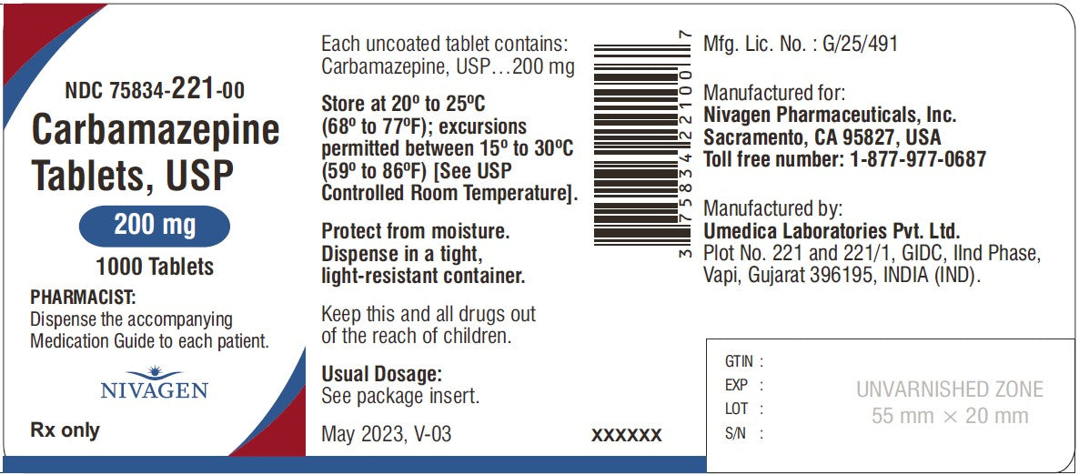 Carbamazepine 200mg Tablets 100 Count by Nivagen Pharmaceuticals (RX)
