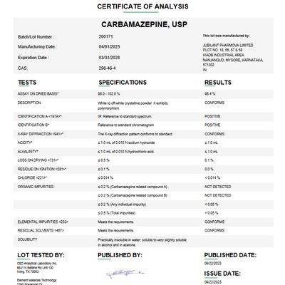 Carbamazepine USP For Compounding (API)