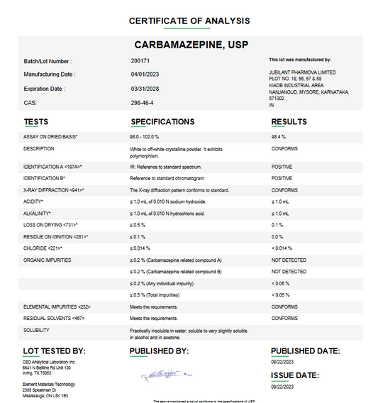 Carbamazepine USP For Compounding (API)