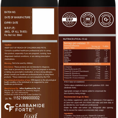 CF L Carnitine Liquid Supplement with 1500mg of Pure L-Carnitine Per Serving | Fat Burners for Men & Women – 33 Servings in 500ml