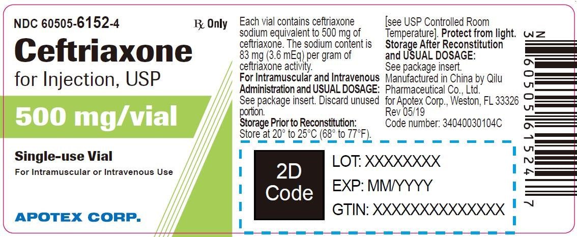 Ceftriaxone Injection 500 mg Single-Dose Vial 10 mL by Apotex (RX)