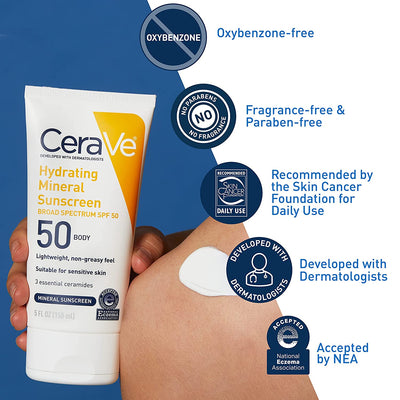 CeraVe Hydrating Mineral Sunscreen SPF 50 with Ceramides, Oil-Free