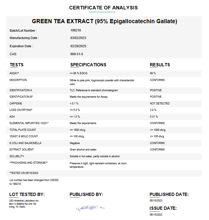 Green Tea Extract 95% USP (Epigallocatechin Gallate) For Compounding (API)