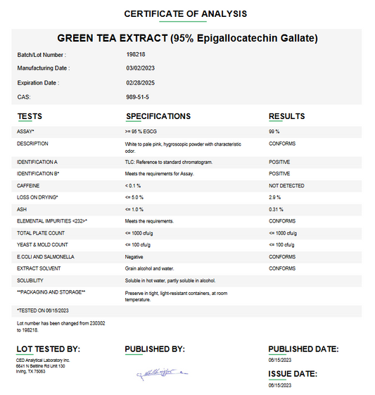 Green Tea Extract 95% USP (Epigallocatechin Gallate) For Compounding (API)
