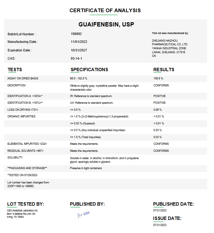Guaifenesin USP API For Compounding
