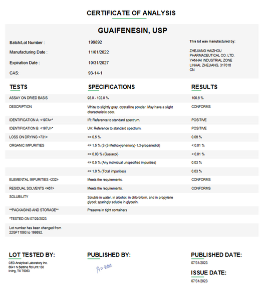 Guaifenesin USP API For Compounding