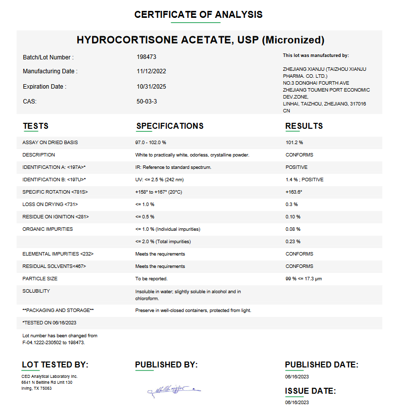 Hydrocortisone Acetate USP (Micronized) For Compounding (API)
