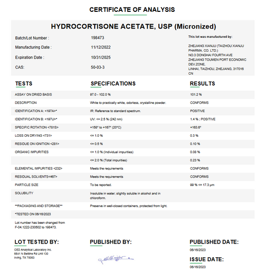 Hydrocortisone Acetate USP (Micronized) For Compounding (API)