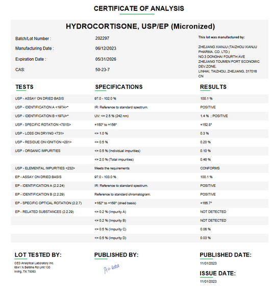 Hydrocortisone USP (Micronized) For Compounding (API)