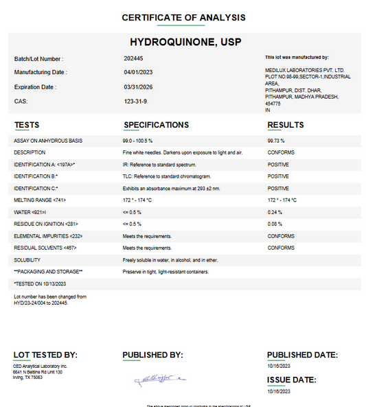 Hydroquinone API Powder USP For Compounding