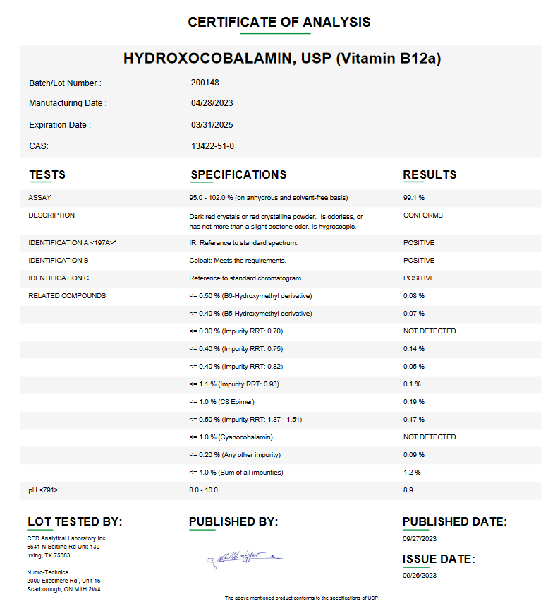 Hydroxocobalamin (Vitamin B12A) USP Powder For Compounding (API) **Refrigerated**