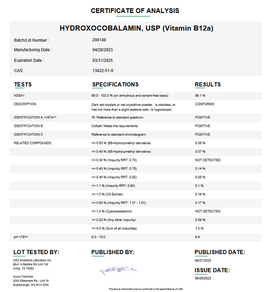 Hydroxocobalamin (Vitamin B12A) USP Powder For Compounding (API) **Refrigerated**