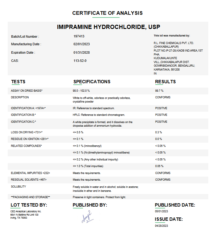 Imipramine Hydrochloride USP For Compounding (API)