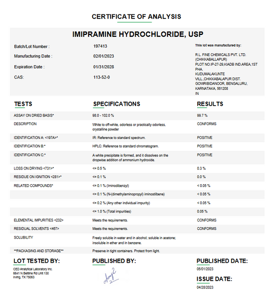 Imipramine Hydrochloride USP For Compounding (API)