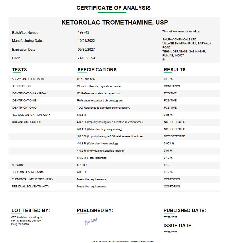 Ketorolac Tromethamine USP For Compounding (API)