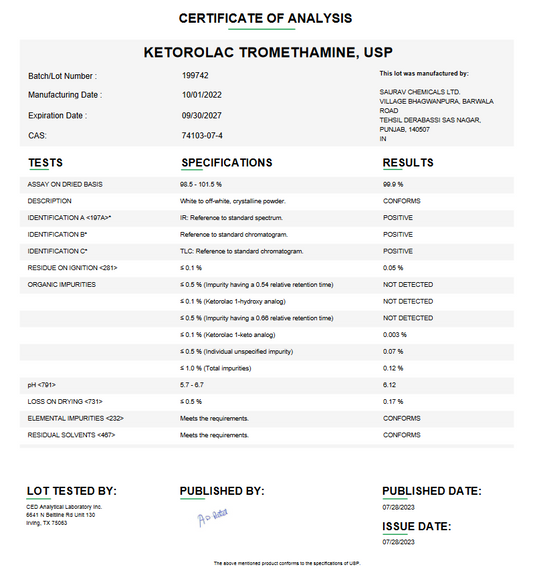 Ketorolac Tromethamine USP For Compounding (API)