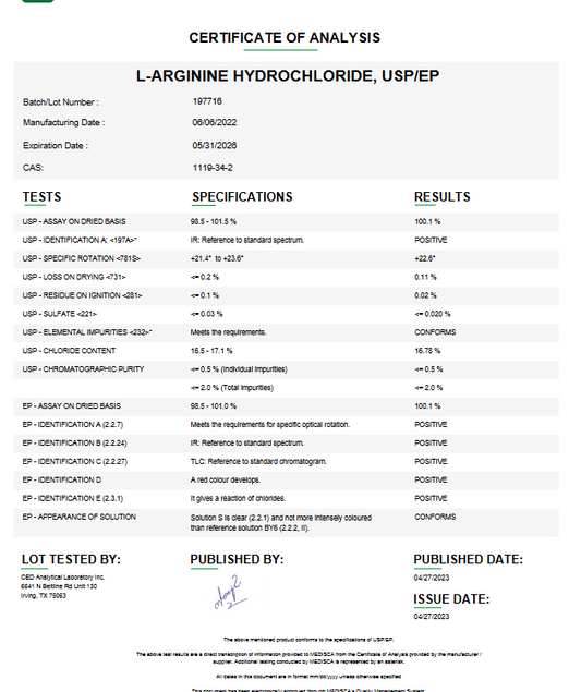 L-Arginine USP Amino Acid For Compounding (API)