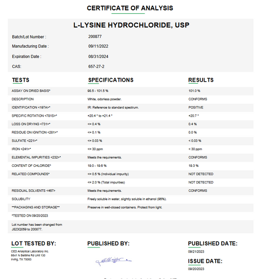 L-Lysine Hydrochloride USP For Compounding (API)