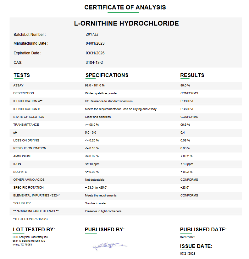 L-Ornithine Hydrochloride USP For Compounding (API)