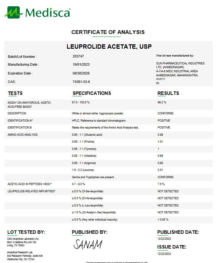 Leuprolide Acetate USP For Compounding (API) ** Refrigerated**