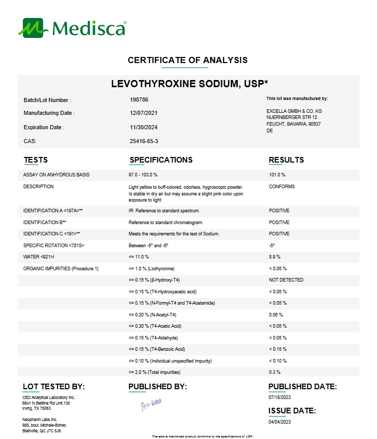 Levothyroxine Sodium USP For Compounding (API) **Refrigerated**
