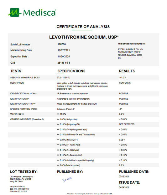 Levothyroxine Sodium USP For Compounding (API) **Refrigerated**