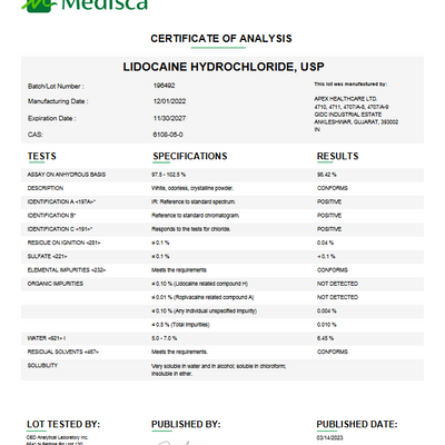 Lidocaine API Powder USP, Custom Lidocaine Raw Material
