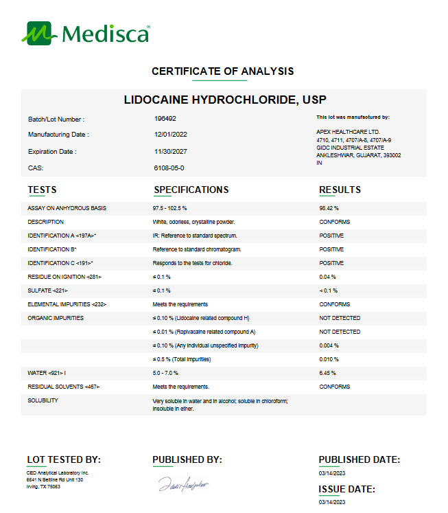 Lidocaine API Powder USP, Custom Lidocaine Raw Material