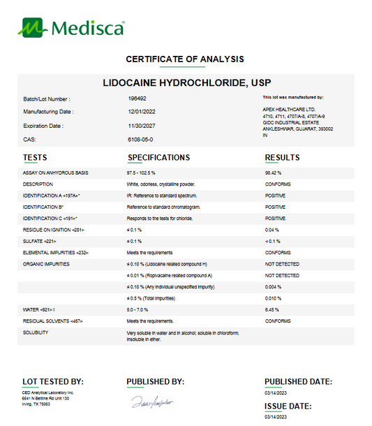 Lidocaine API Powder USP, Custom Lidocaine Raw Material