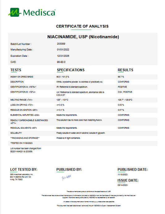 Niacinamide USP (Nicotinamide) For Compounding (API) (Rx)