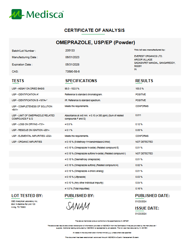 Omeprazole USP/EP Powder For Compounding (API) **Refrigerated**