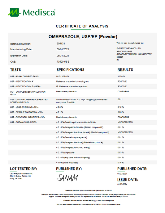Omeprazole USP/EP Powder For Compounding (API) **Refrigerated**