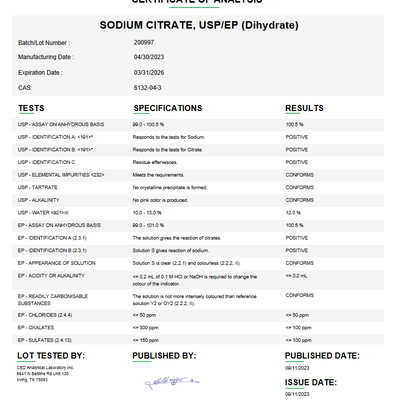 Sodium Citrate USP (Dihydrate) For Compounding (API) (Rx)