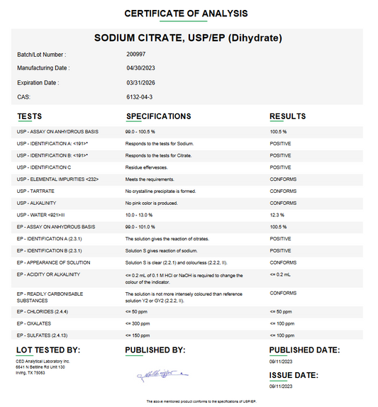 Sodium Citrate USP (Dihydrate) For Compounding (API) (Rx)