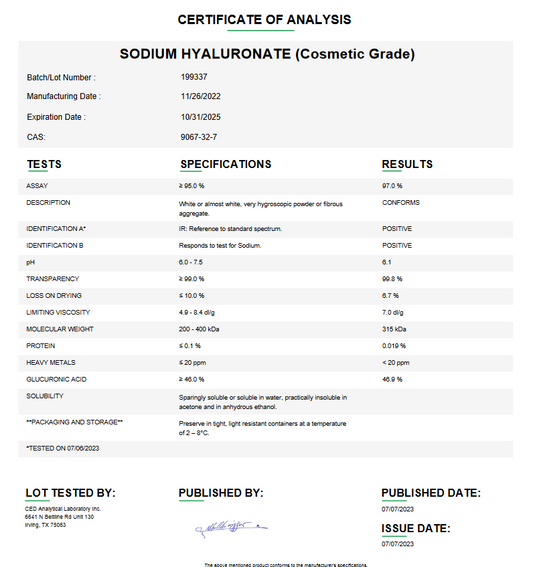 Sodium Hyaluronate (Cosmetic Grade) For Compounding (API) **Refrigerated**