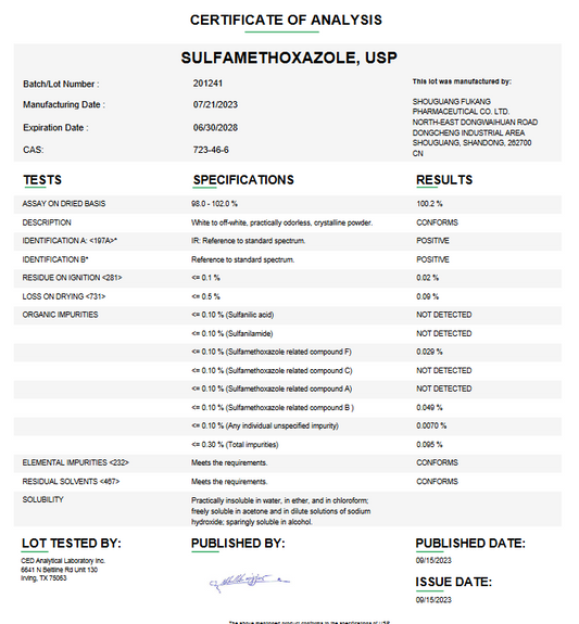 Sulfamethoxazole API Powder USP For Custom Compounding