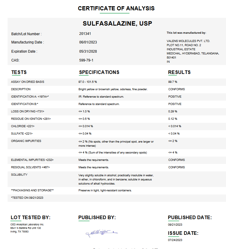 Sulfasalazine USP For Compounding (API)