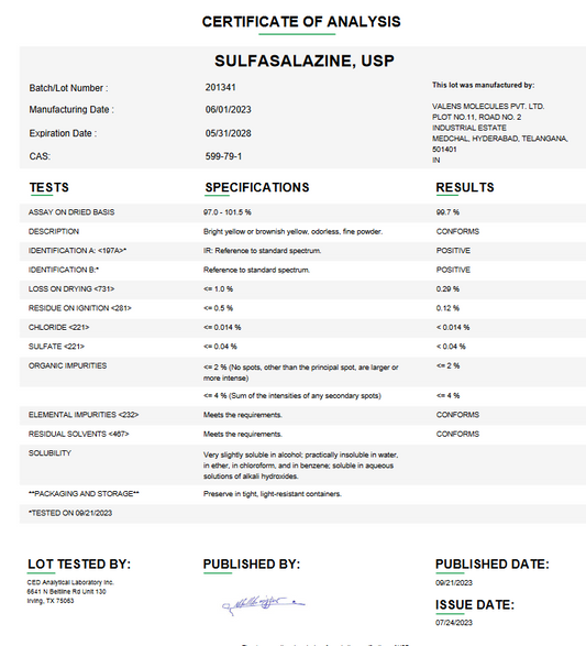 Sulfasalazine USP For Compounding (API)