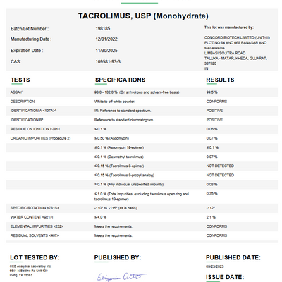 Tacrolimus USP (Monohydrate) For Compounding (API)